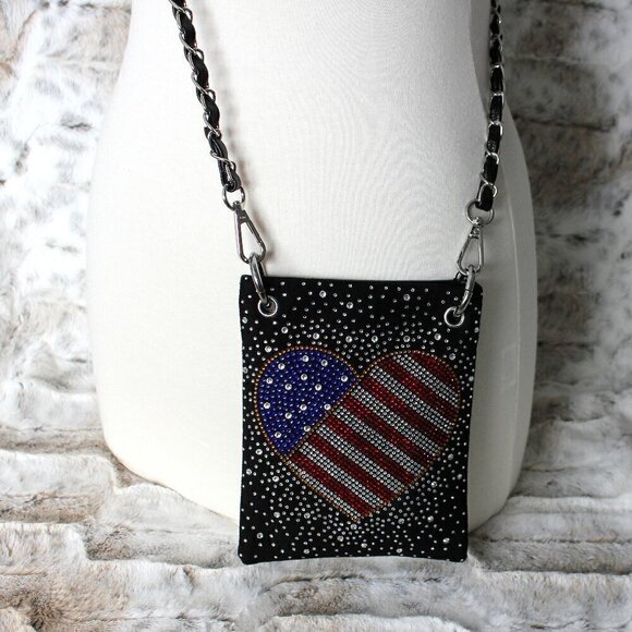 Patriotic Red White Blue Rhinestone Bling Black Hobo Crossbody Mini Phone Bag - Picture 7 of 13